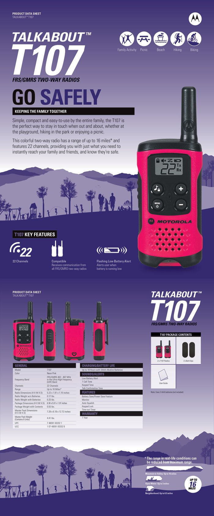 MOTOROLA Talkabout T107 Alkaline 2-Way Radio, Neon Pink (2-Pack)-T107
